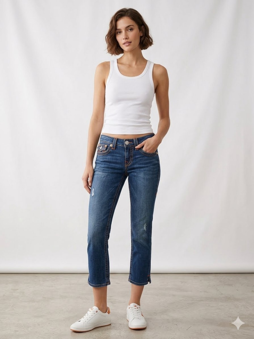True Religion Kate Distressed Capri Straight Leg Jeans Split Hem Dark Diamond